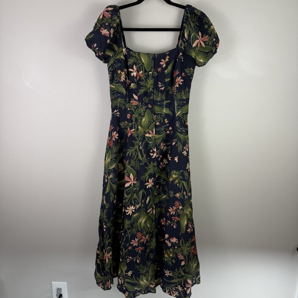 PAIGE Silk Linen Floral Puff Sleeve Midi Dress Blue Green Cottagecore Flaw - Picture 2 of 10